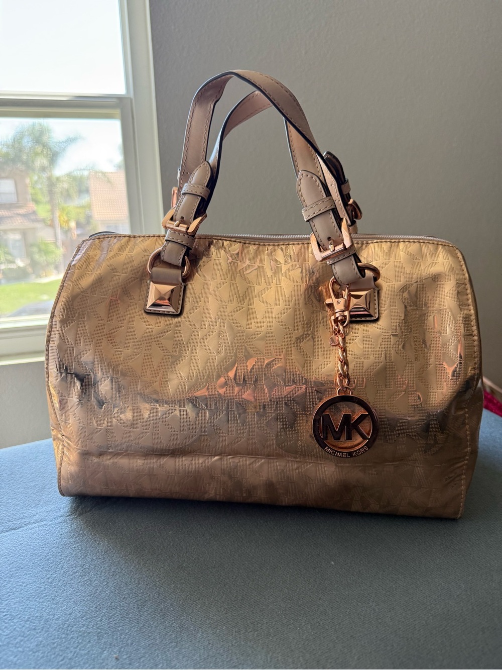 Michael Kors Metallic Gold Logo Embossed Grayson Satchel